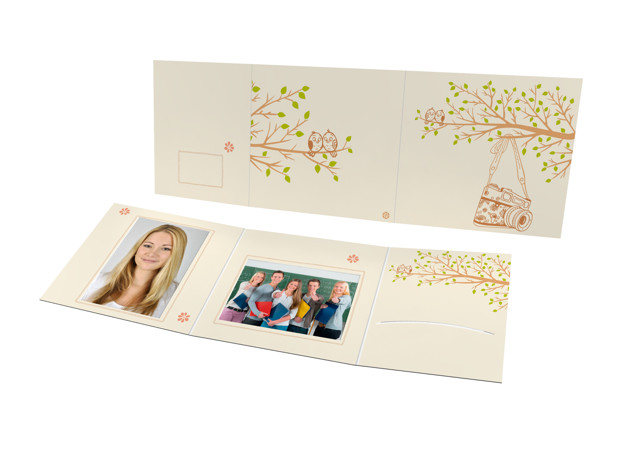 Schul- und Kindergartenmappe Moments aus Recyclingpapier, aufgefaltet, mit Baummotiv und Kinderfotos