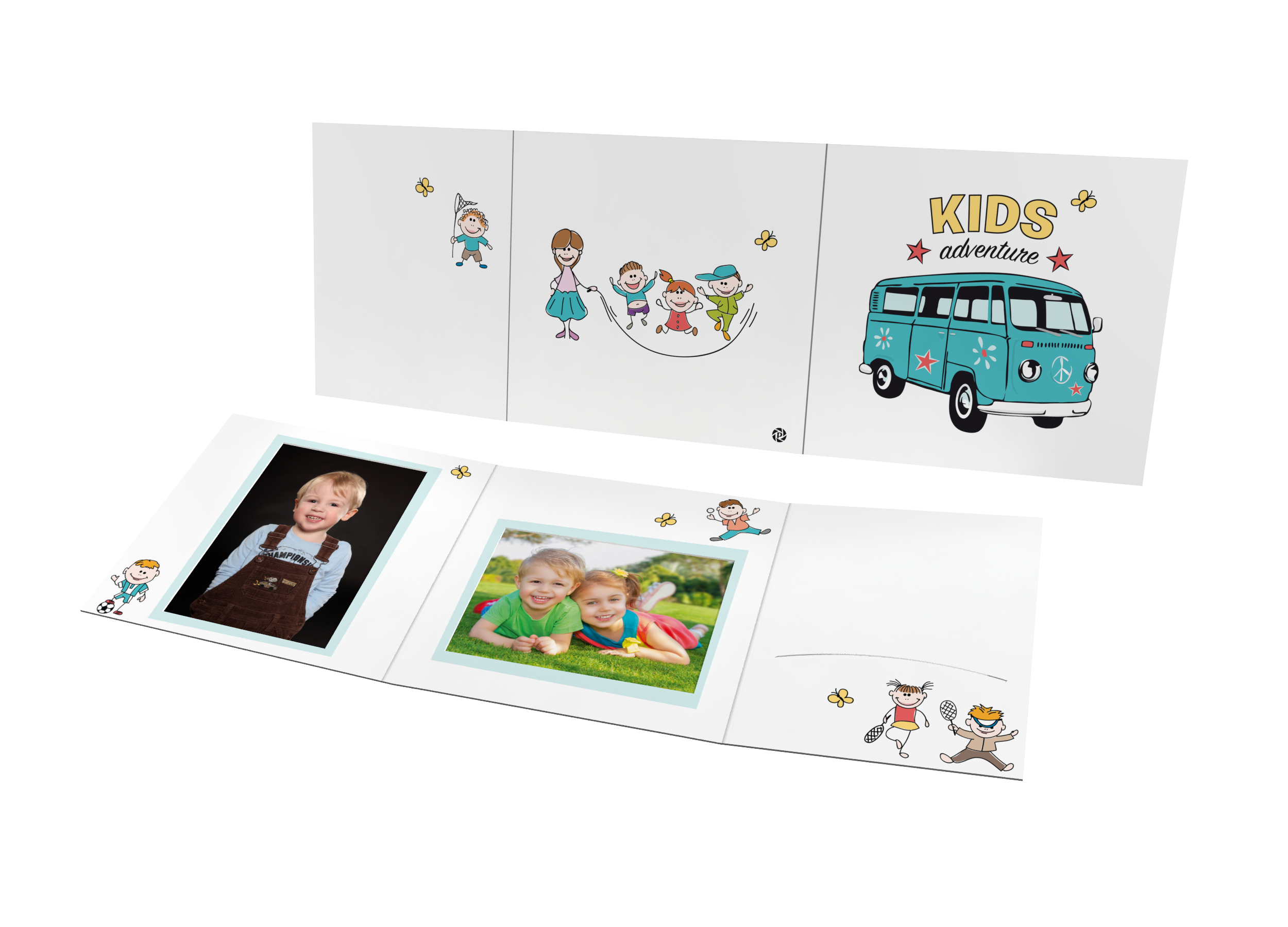Schul- und Kindergartenmappe Schulbus 3-teilig, aufgefaltet, mit Busmotiv und Kinderfotos
